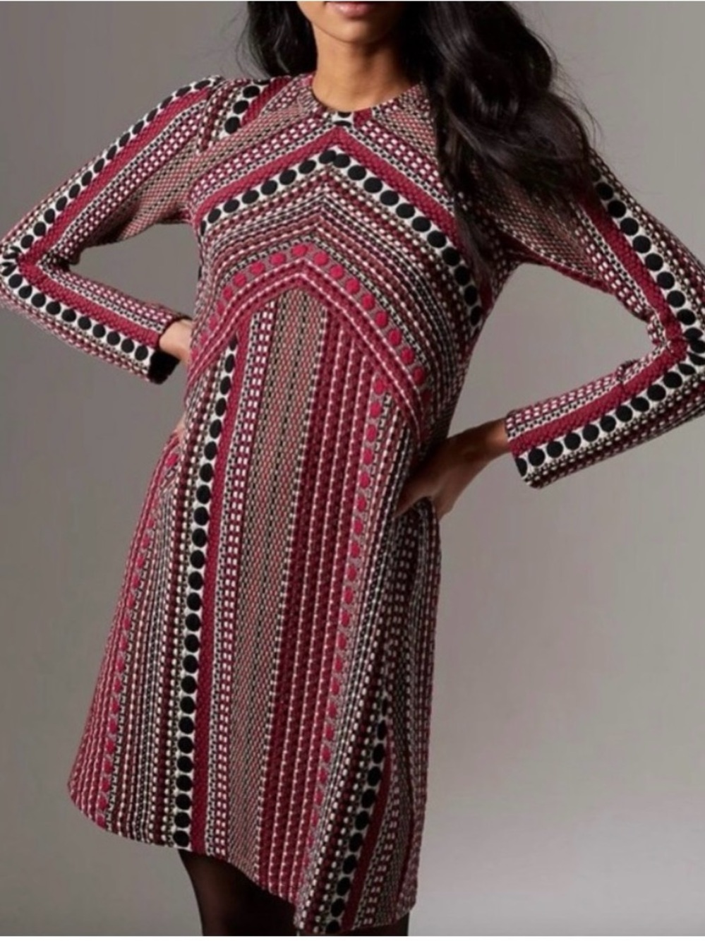 Maeve Anthropologie XS Petite Textured Jacquard Geometric Dress Pink Black